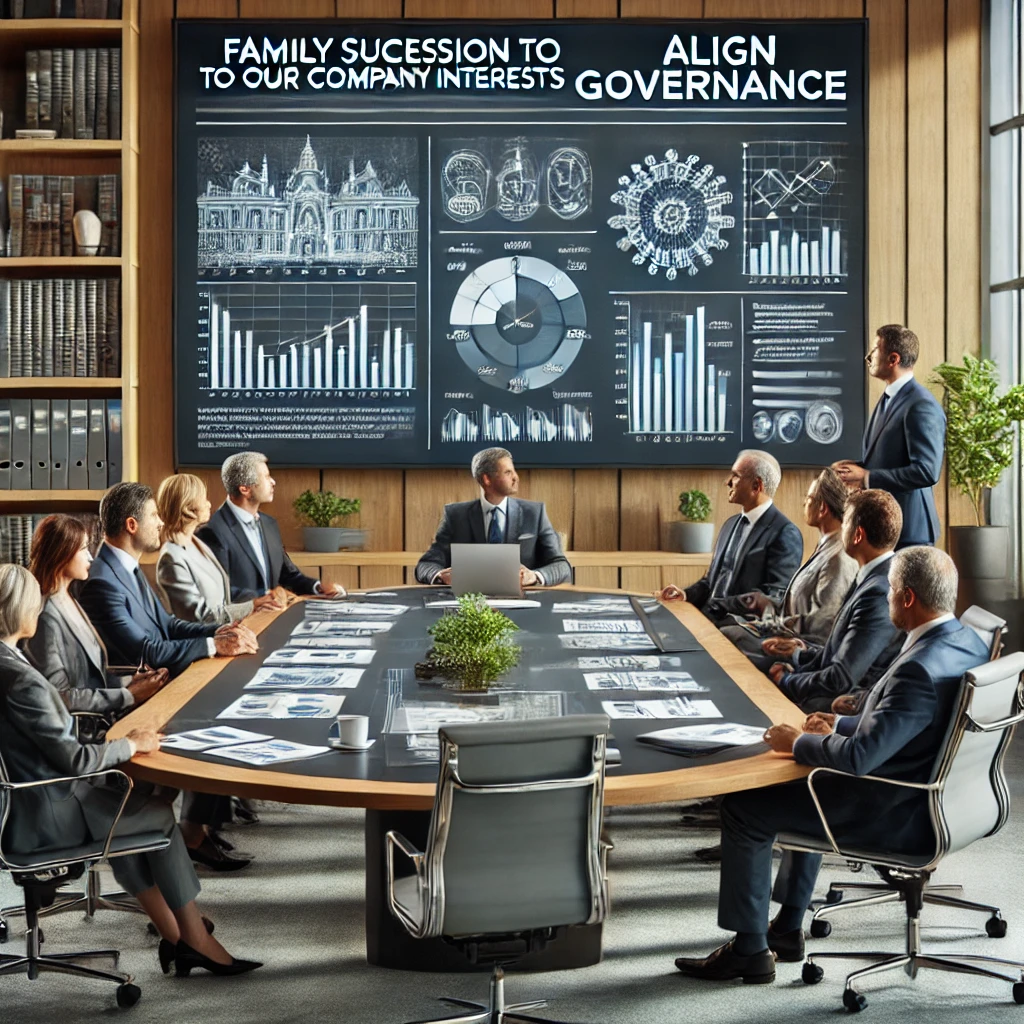 Meeting table with managers with a big screen showing graphs that align with governance and family succession