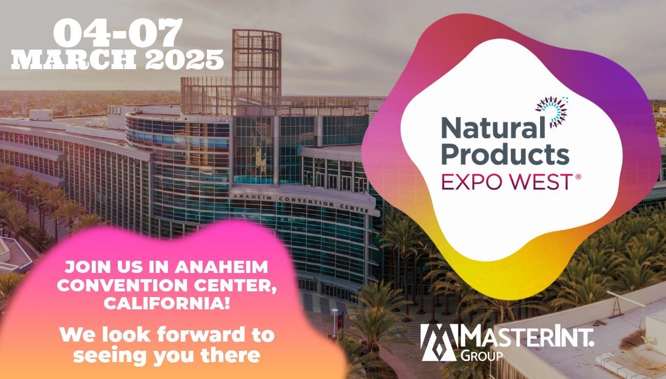 Banner da MasterInt. Group para a Expo West 2025, de 4 a 7 de março no Anaheim Convention Center, Califórnia, destacando convite e logotipos.